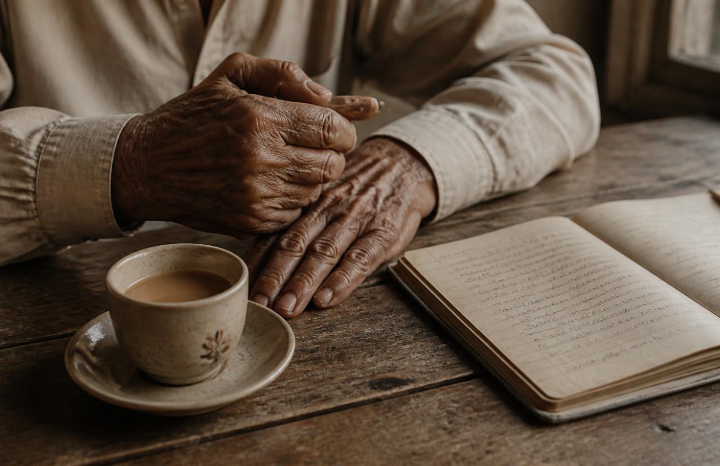 Hands resting beside a cup of chai and a notebook