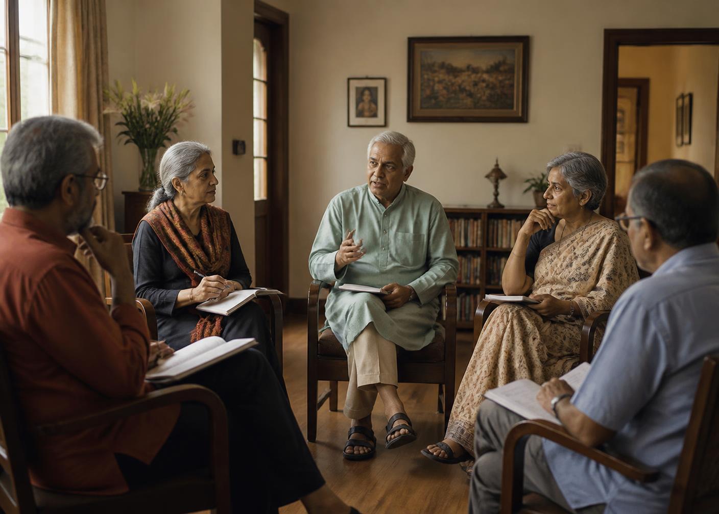 A circle of experienced mentors in discussion